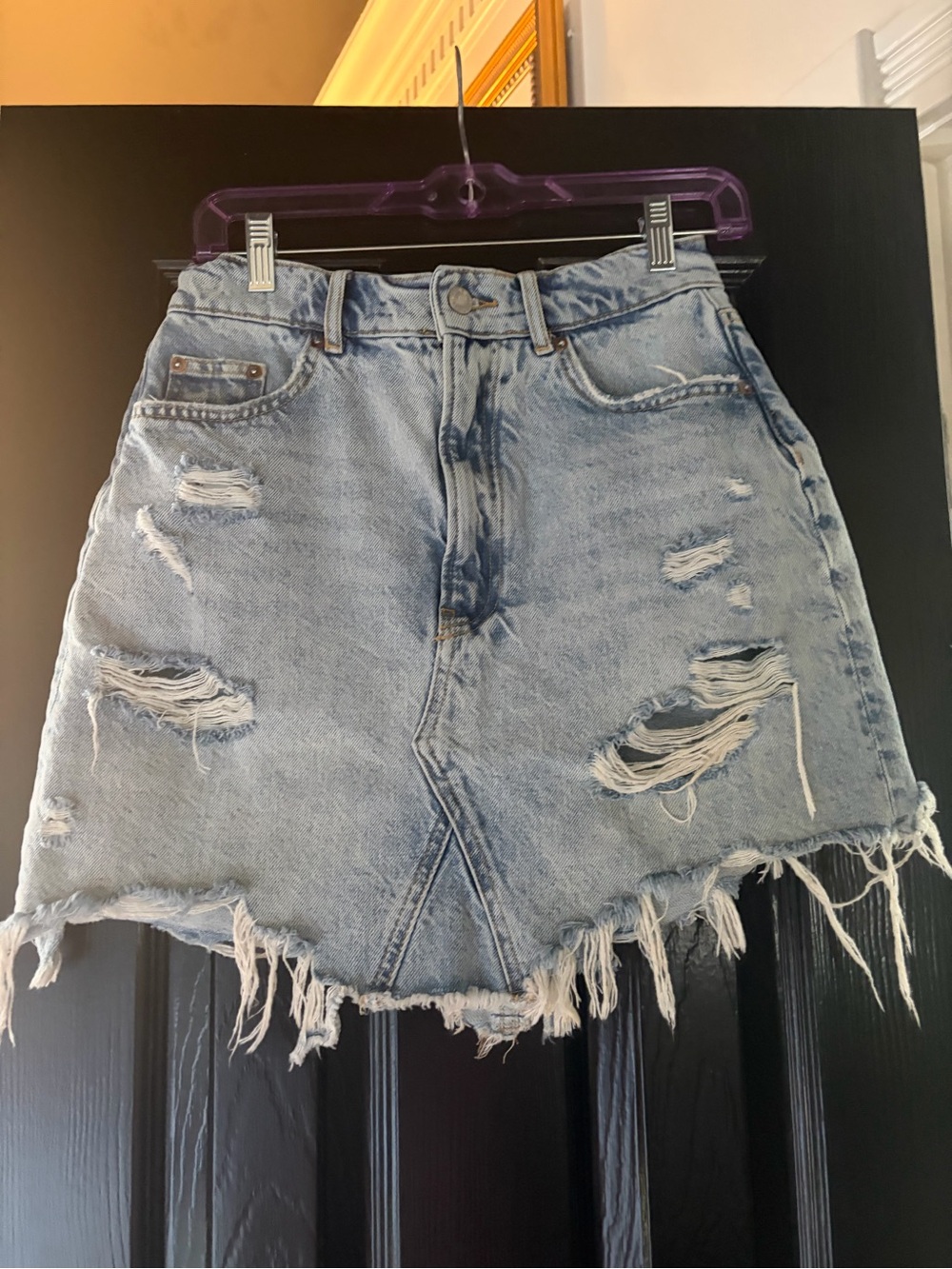 Pilcro Distressed Light Blue Asymmetrical Denim Skirt